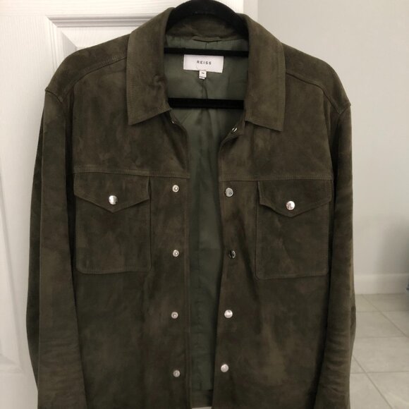 Reiss Jagger Suede Trucker Jacket - Olive Green - Picture 1 of 9
